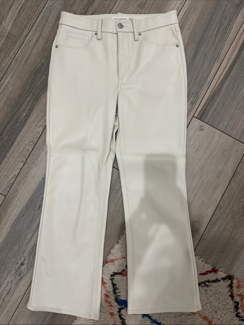 Good American Cream Faux Leather Flare Jeans
